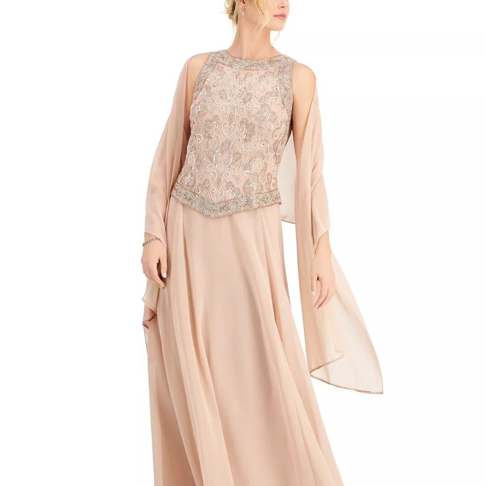 J KARA Beaded Gown & Chiffon Scarf Blush/Multi Size 14
